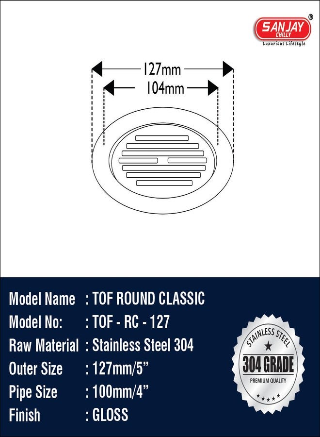 SANJAY CHILLY Classic Round Floor Drain 5 INCH for Bathroom Stainless Steel 304 Grade Waste Water Drainer Washbasin Sink Bathtub Laundry (Round Classic Silver 5 INCH) - Image 4